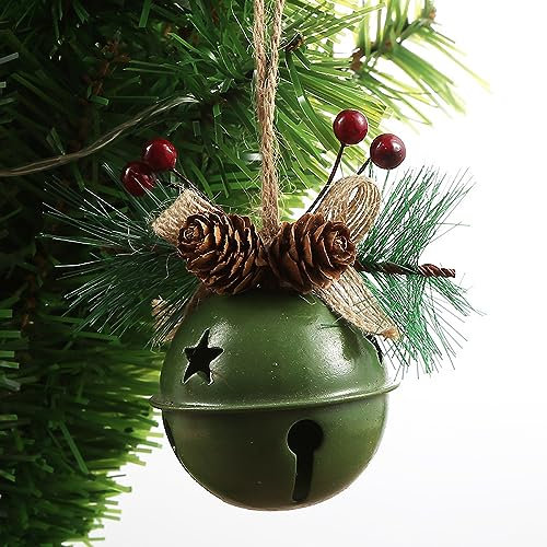Blausky 3 Stück 6 cm Weihnachtsglocken,Metall Glöckchen,Glocken aus Eisen Schellen Glocke mit Kleiner Tannenzapfen Weihnachtsanhänger für Weihnachtsbaum Deko Geschenkverpackung Windspiele,Grün B
