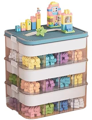 Scatola Portaoggetti per Bambini con Coperchio per Blocchi di Costruzione Scomparti di Stoccaggio Impilabili Giocattolo Plastica Piccole parti Trasparente Organizzatore 3 strati Colore Blu