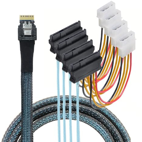 CY-Kabel Slimline SAS 4.0 SFF-8654 4i 38-poliger Host-Raid auf 4 SAS 29-polige SFF-8482 Zielfestplatten-Fanout-Raid-Kabel 1-auf-4-Splitter (100 cm)