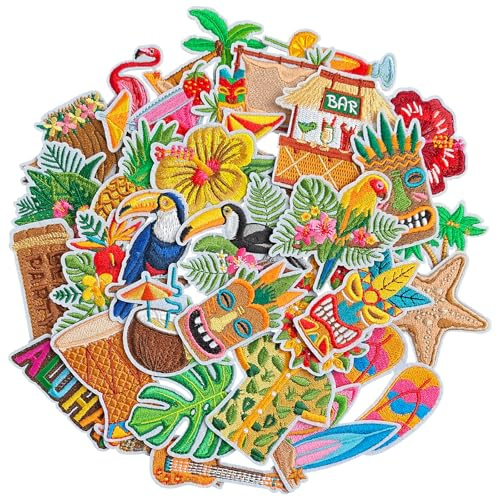 WILDREEDS 32 Pieces Summer Hawaii Iron on Patches, Colorful Hawaiian/Tropical/Tiki/Summer Pool Embroidered Patches Sew on Applique for Clothes, T-Shirt, Backpacks, Hats, Jeans, Jackets