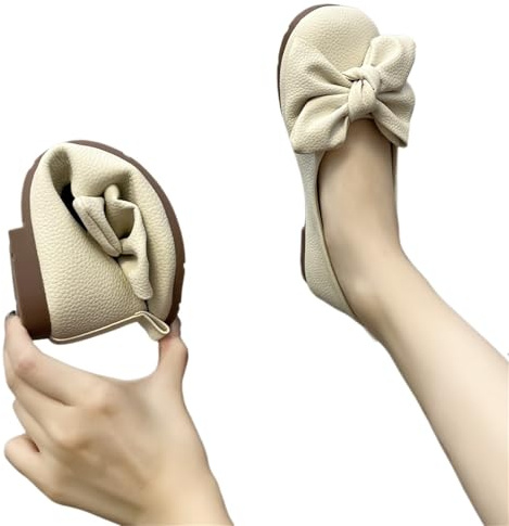 NJIEzhao Bailarinas Plegables de Suela Fina for Mujer, Zapatos de Viaje for Hotel, Mocasines de Nudo de Mariposa de pie Ancho, Zapatos ortopédicos for Mujer Mujer Planos(Beige,41)