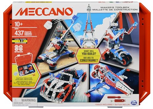 Bandai - Meccano Mallette de Construction - Coffret de Construction 5 en 1 Véhicules, Robot, Tour Eiffel - 437 pièces, Outils, Notice - Kit Activité Assemblage - Jouet Enfant 10 Ans et + -APM20106