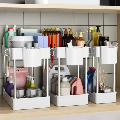 Altdnmaf 3 Pack Under Sink Organiser for Kitchen Storage & Organisation, 3 Sizes Cleaning Cupboard Organizer, Undersink Bathroom Cabinet Storage Organiser with 3 Hanging Cup and 4 Hooks, White