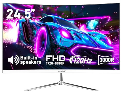 Gawfolk 24.5 Inch Gaming Curved Monitor Built-in Speakers, 3000R 120Hz White PC Screen Full HD 1080P, HDMI 2.0, VGA, Wall Mount Compatible 75 * 75mm