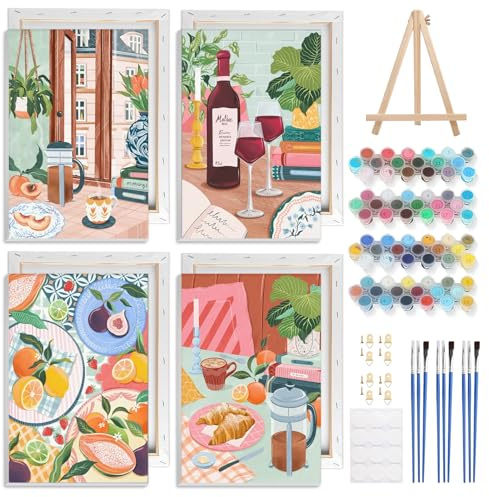 NAIMOER 4 Pack Framed Paint by Numbers Coffe for Adults Kids, DIY Tea Time Painting by Numbers with Frame Wooden Holder,Art on Canvas for Beginners Gifts Home Wall Decor 8x12in