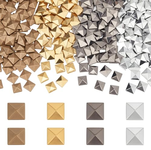 PH PandaHall 320pcs Flat Back Pyramid Studs, 4 Colours Hotfix Square Pyramid Studs Glue on Metal Stud Iron on Decorative Rivets for Clothes Bag Hat Shoes DIY Decoration, 10 X 10mm