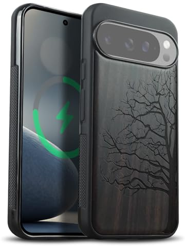 Carveit Étui Bois pour Google Pixel 10/10 Pro, (Sombre-Arbre éternel) | Magnétique pour Bois Coque, Protection TPU Case de Téléphone Antichoc Compatible Magsafe Google Pixel 10 Pro / 10 Étui