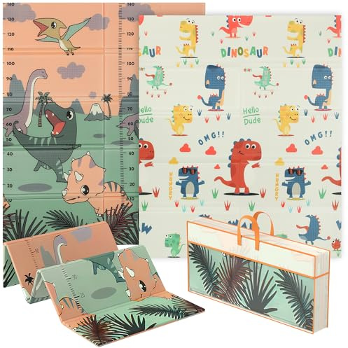 AIYAPLAY Baby Play Mat Double Sided, Foldable & Reversible Activity Playmat, Waterproof Kids Foam Crawling Mat for Outdoor Indoor Playtime Picnics, 177 x 146 x 1.5cm, Dinosaur Theme