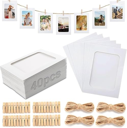 40 Pezzi Cornice in Cartone, 10 x 15 cm Portafoto Cartoncino, Hanging Decorazione, Cornici di Carta per Foto DIY con 40 Mini Clip in Legno e 4 Corde di Canapa per Decoro, Compleanno, Matrimonio