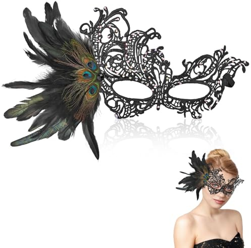 HZHSGLY Masquerade Mask, Masquerade Masks for Women Men Venetian Lace Elegant Feather Half Face Mask for Mardi Gra Halloween Party Dress Accessories