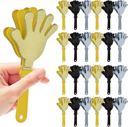 24 Pcs Gold,Black and Silver Glittered Hand Clappers，7 Hand Clappers Noisemakers for 2026 New Year's Eve Party Supplies