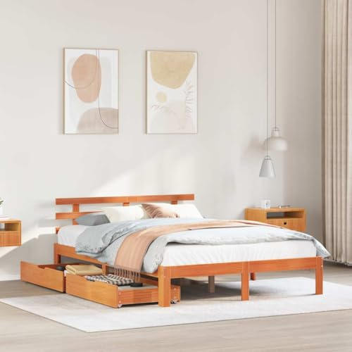 GeenYuu Massivholzbett mit Schubladen, Wachsbraun 140x190 cm Kiefernholz, Robustes Bettgestell, Stauraum, für Schlafzimmer, Erwachsene