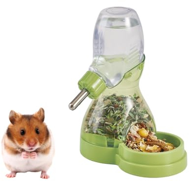 2 in 1 Hamster Water Bottle No Drip with Large Capacity Automatic Food Dispenser Small Animal Feeder for Syrian Dwarf Hamster Mouse Rat Degu (Green, 3oz)