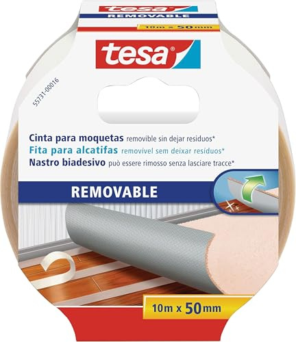 Tesa Biadesivo per Pavimenti Rimozione senza Residui - Nastro Biadesivo per Moquette, Pavimenti in Pvc - Nastro per Fissaggio Rinforzato in Tessuto, 10 m x 50 mm (Confezione da 5)