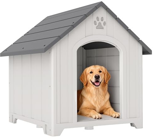 PawHut Caseta para Perros Exterior, Casa para Perros Grandes de Plástico Impermeable con 2 Ventanas, Base Elevada, Estacas, Fácil de Montar, 88x79x89 cm, Gris
