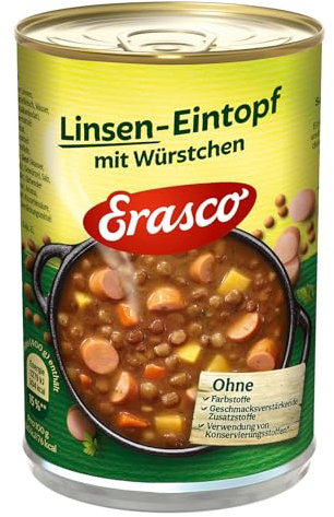 Erasco Linsen-Eintopf mit Würstchen (1 x 400g), In nur 5 Minuten fertig – Ausgewähltes Gemüse – Einfach köstlich - Ohne Schnickschnack
