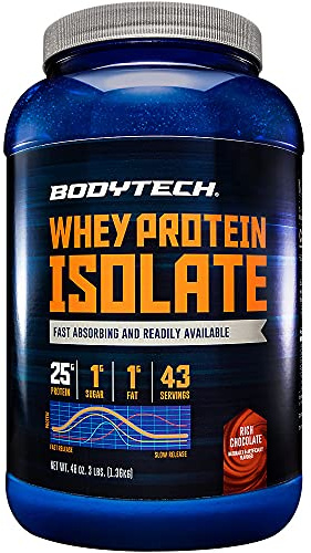 BODYTECH Whey Protein Isolate Powder - 25g Protein per Serving with BCAAs - Fast-Absorbing for Muscle Growth & Recovery - Rich Chocolate (3 lb, 43 Servings)