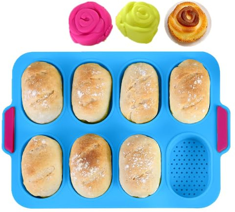 KeepingcooX Mini Baguette Baking Tray, 11x9 in, Non-stick Perforated Pan - Blue, Silicone, Oval