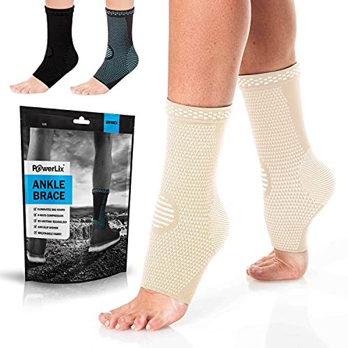 POWERLIX Ankle Support Brace 2 Pack, Ankle Brace for Men/Women/Kids, Support for Ligament Damage, Sports Protect, Injury Recovery, Plantar Fasciitis Foot Socks with Arch Support