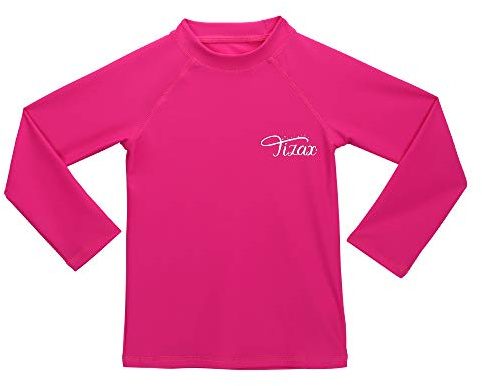 TIZAX Traje de baño con protección Solar Camiseta UV de Manga Larga para niñas Rashguard para Surf/Nadando/Buceo/Playa Rosa roja 128