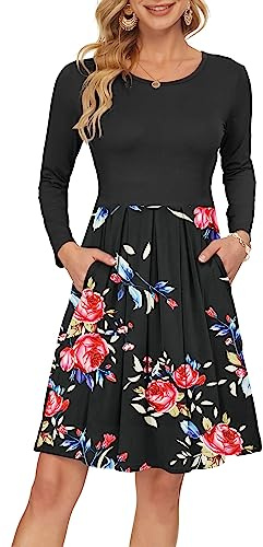 AUSELILY Women's Long Sleeve Dress Knee-Length | Winter Dress for Women uk, Round Neck,Flattering Pleated Swing Hem,Casual Dress with Pockets,daily wear,Polyester+Spandex