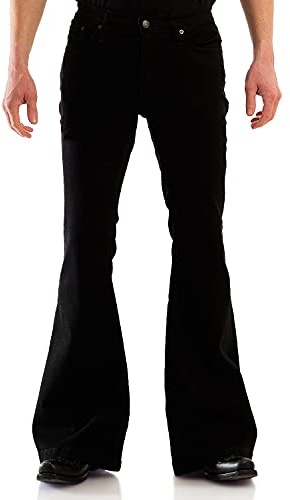 Comycom Jeans för män svart svart svart – mörka utsvängda byxor för män i retro 70-talsstil, hippie bootcut jeans med stort slag, svart, 34W x 34L