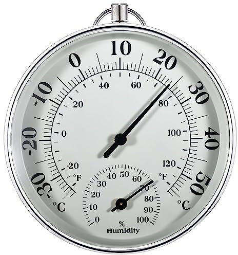 Indoor Outdoor Thermometer Wireless, Weather Dial Hygrometer Thermometer, Battery Free Hanging Hygrometer, Suitable for Walls, Tables, Cars, Greenhouses or Decorations, Round 4 inches Diameter