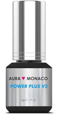 AURA Monaco | Wimpernkleber Power Plus V2 – Wimpernverlängerungskleber für empfindliche Kunden – 1–2 Sekunden Trocknungszeit, 5 ml, für 1:1- und Volumentechnik – Made in Germany