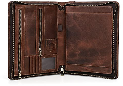 Hiram Handgemachtes italienisches Leder-Padfolio, echtes Leder A4 Business Portfolio Work Organizer Vintage Ledertasche für iPad 11 Multifunktions-Reißverschluss für Rechtshänder