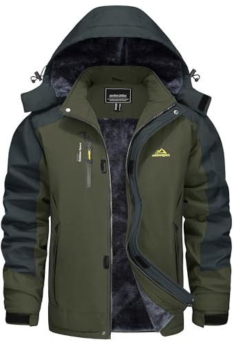 KEFITEVD Vinterjacka herr skidjacka vattentät varm fodrad utomhusjacka med avtagbar huva softshell vinter fleecejacka, Armégrön, M