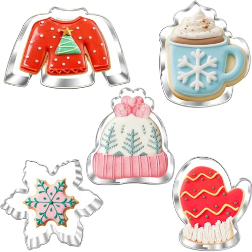 New Winter Christmas Cookie Cutter Set-5 Piece-Ugly Sweater, Hat, Mitten, Snowflake, Coffee Mug Cookie Fondant Biscui Cutters for Ugly Vintage Christmas Thanksgiving