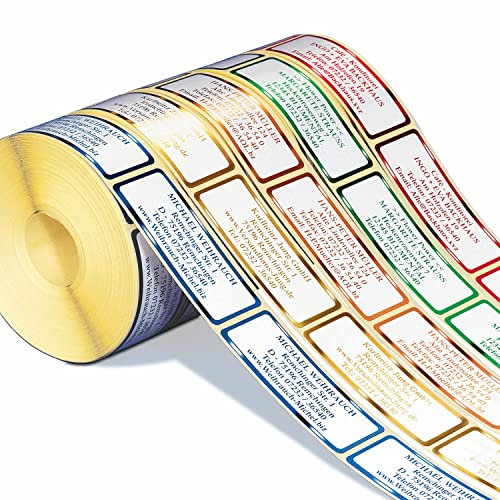 500 glänzende Adressaufkleber, Adressetiketten Original*** de-Luxe XL in 6 Metallicfarben mit Ihrem 7-zeiligem Wunschtext auf der Rolle in der praktischen Spenderbox