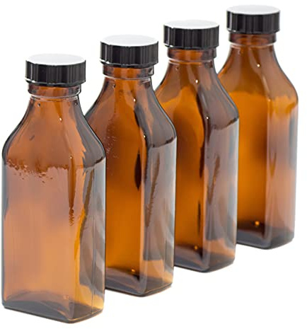 Aura 100ml Rectangular AMBER Glass Bottles with Black Lids - PACK of 4