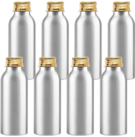 ZEOABSY 8 Piezas Vacías 100 ml Botella de Aluminio Plata con Tapón Rosca de Aluminio Oro Envase Cosmético Metálico para Champú, Loción Gel Aceite Esencial Hoteles Viaje