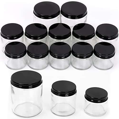 Swpeet 12-pack 56 g 113 g 236 ml transparent glasburk med svart lock sortimentsats, runda behållare kosmetiska glasburkar med lock reseburkar kosmetiska behållare för kräm, lotion