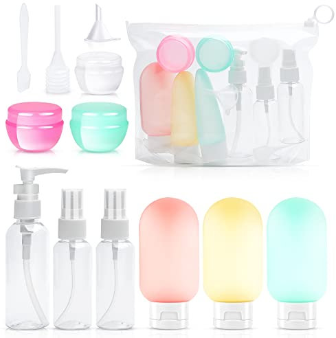 Ysimple 13 Pièces Flacon Voyage Avion Kit, Bouteilles de Voyage en Silicon, Contenant Voyage avec Vaporisateur Transparent, Pots de Crème, Flacons à Pompe pour Shampooing, Lotion, Rinçage, Gel Douche