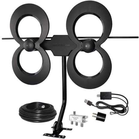 Antennas Direct ClearStream 4MAX Complete TV Antenna, Indoor Outdoor, UHF VHF, Multi-Directional, 70+ Mile Range – w/Cable, Mast, Amplifier, Splitter