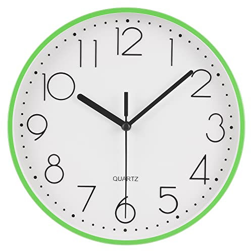 Topkey 9” Silent Round Wall Clock Arabic Numerals Easy Read Clock for Living Room, Bedroom,school and nursery Battery Not Included - Green