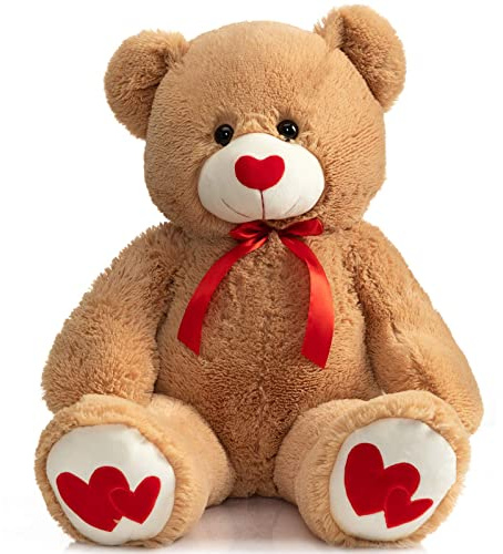 BEJOY Teddybär 91cm Plüschtier Hellbraun Kuscheltier mit Liebe rotes Herz | Großer Bär Riesen Teddy für Freundin und Kinder Geschenk