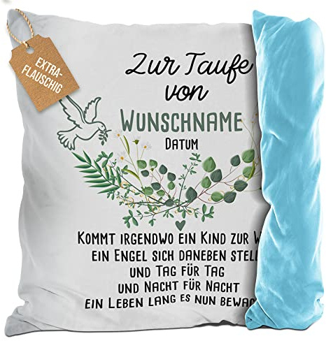 Print Royal PR Flauschiges Kissen zur Taufe mit Name & Datum - Kommt EIN Kind zur Welt - Geschenke zur Taufe, personalisierte Taufgeschenke Patenkind | inkl. Kissenfüllung, Rückseite Hellblau