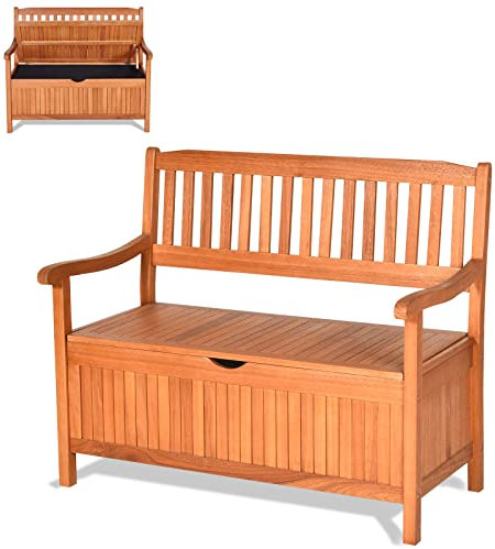 KOMFOTTEU Panca da Giardino, Panca Esterno in Legno di Acacia, con Contenitore, Panchina a 2 Posti con Baule, con Borsa Impermeabile, Deposito Esterno in Legno con Braccioli e Schienali