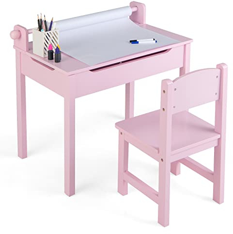 GOPLUS Barnbord med stol, målbord med pappersrulle och markör, fällbart barnstolsgrupp med förvaringsutrymme, multifunktionellt barnbord för målning, lek, mat för barnrum (rosa)