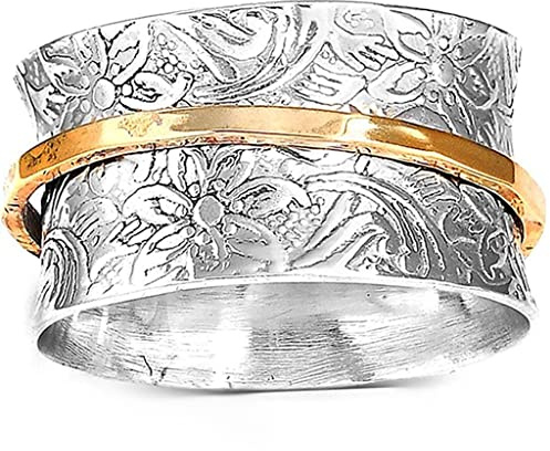 Jude Jewelers Stainless Steel Floral Pattern Chunky Size Rotating Spinner Band Ring (Silver Gold, 10)
