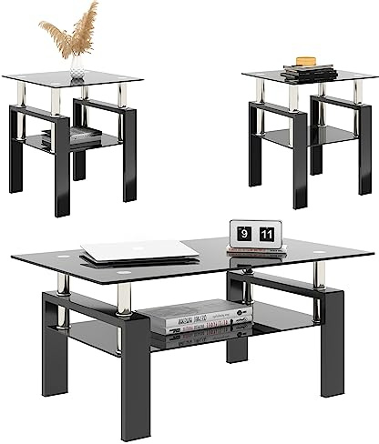 TIOPLY Living Room Tables Set,3 Piece Glass Coffee Table and End Tables Set with Tempered Glass Tabletop and Metal Frame for Living Room,Apartment, Small Space, Full Black