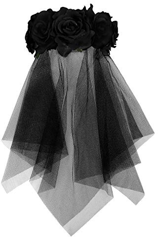 Filles Voile de Mariage Halloween Serre-Tête de Cheveux en Tulle Élégant Tiare Guirlande de Fleurs Charmente Couvre-chef de Floral Avec Dentelle Noire Coiffure d’Accessoire Pour Party Voyage (black)