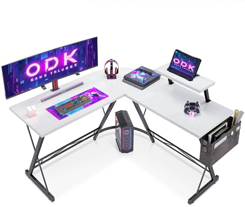 ODK L Shaped Gaming Desk with Monitor Stand, 127x127x75 cm Computer Desk with Storage Bag, Corner Desk for Gaming, Home, Office, White