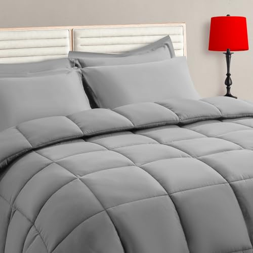 TAIMIT Grey Full Size Comforter Set - 7 Pieces, Bed in a Bag Bedding Sets with All Season Soft Quilted Warm Fluffy Reversible Comforter,Flat Sheet,Fitted Sheet,2 Pillow Shams,2 Pillowcases,Gray