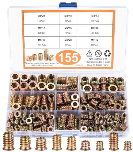 Dadi filettati per il fissaggio del legno, 155 inserti M4-M8, dadi esagonali per mobili in legno (zinco color)