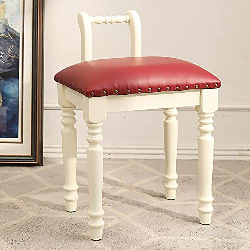 ASHILD Rustikaler Schminkhocker mit Rückenlehne, mit Leder gepolsterter Sitzbank-Schminkhocker, aus Holz geschnitzter Akzentstuhl, Make-up-Hocker für Schlafzimmer und Wohnzimmer-G 40 x 30 x 59 cm (