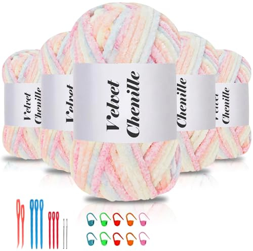 Maxee 500 g (5 × 100 g) sammetslen babyull, sammetsnillgarn med virkade verktyg, gosig mjuk sammet, chenillegarn, fluffig, mjuk plyschull, virkgarn, ull för stickning och virkning
